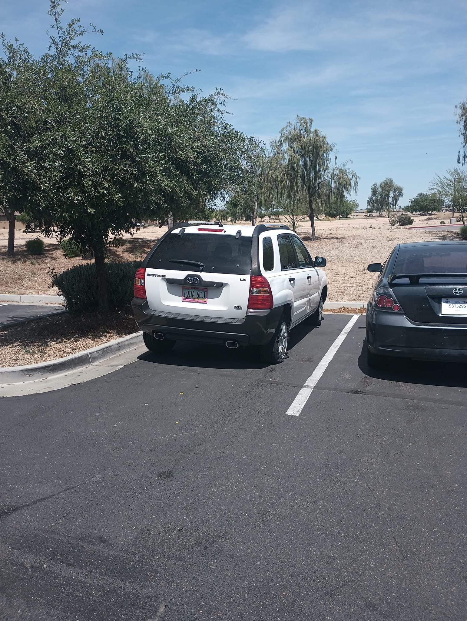 A white SUV with AZ plates is parked over the line, taking up two spaces in a nearly empty lot. Nearby, a black car is parked correctly among trees and desert landscaping—possibly waiting for roadside assistance Maricopa County offers.