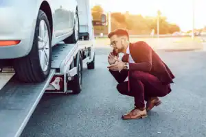 A man in a suit crouches beside a car being loaded onto a tow truck, talking on his phone and looking concerned. The scene is outdoors on a sunny day.